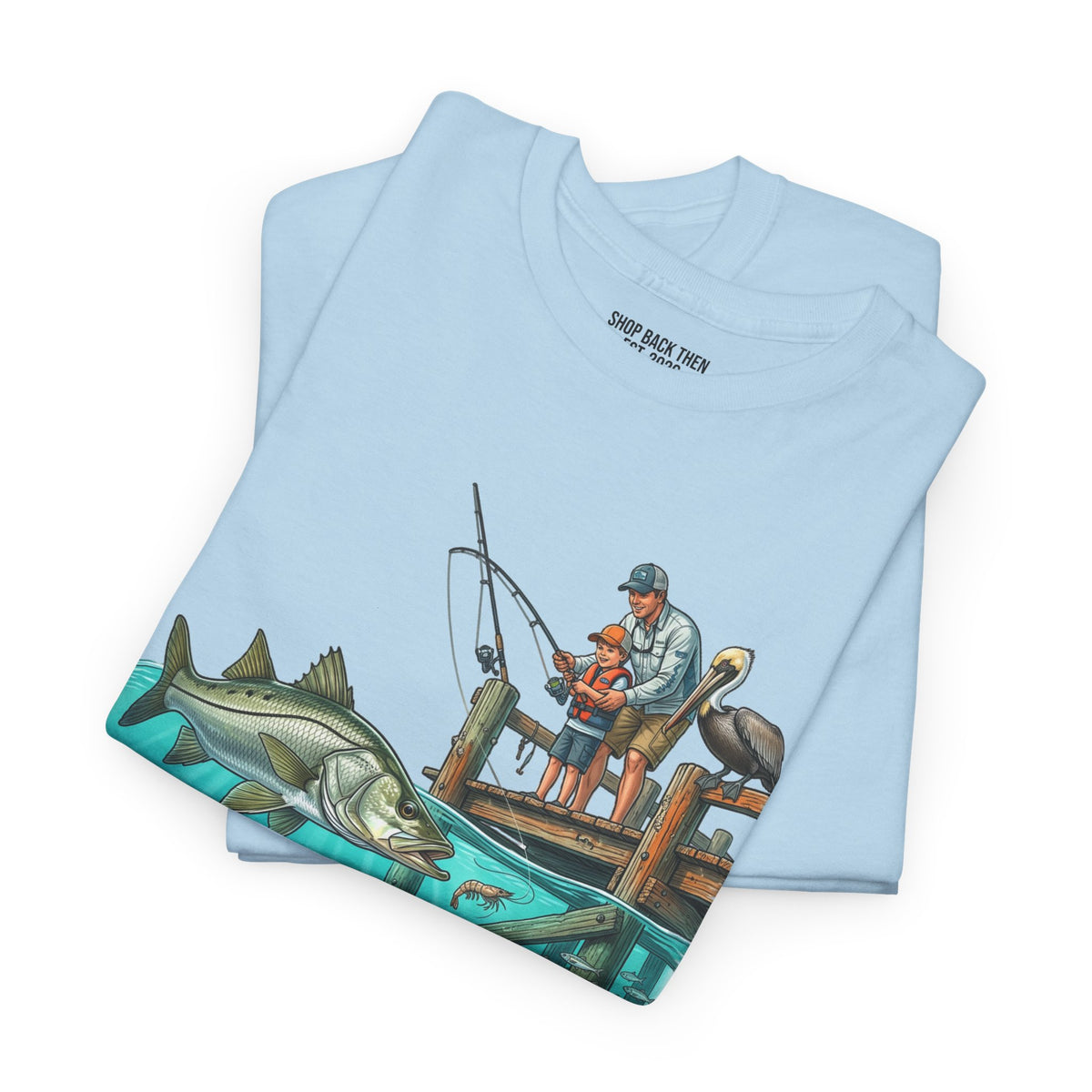 Fishing Dock T‑Shirt — Angler on Pier with Giant Fish Illustration