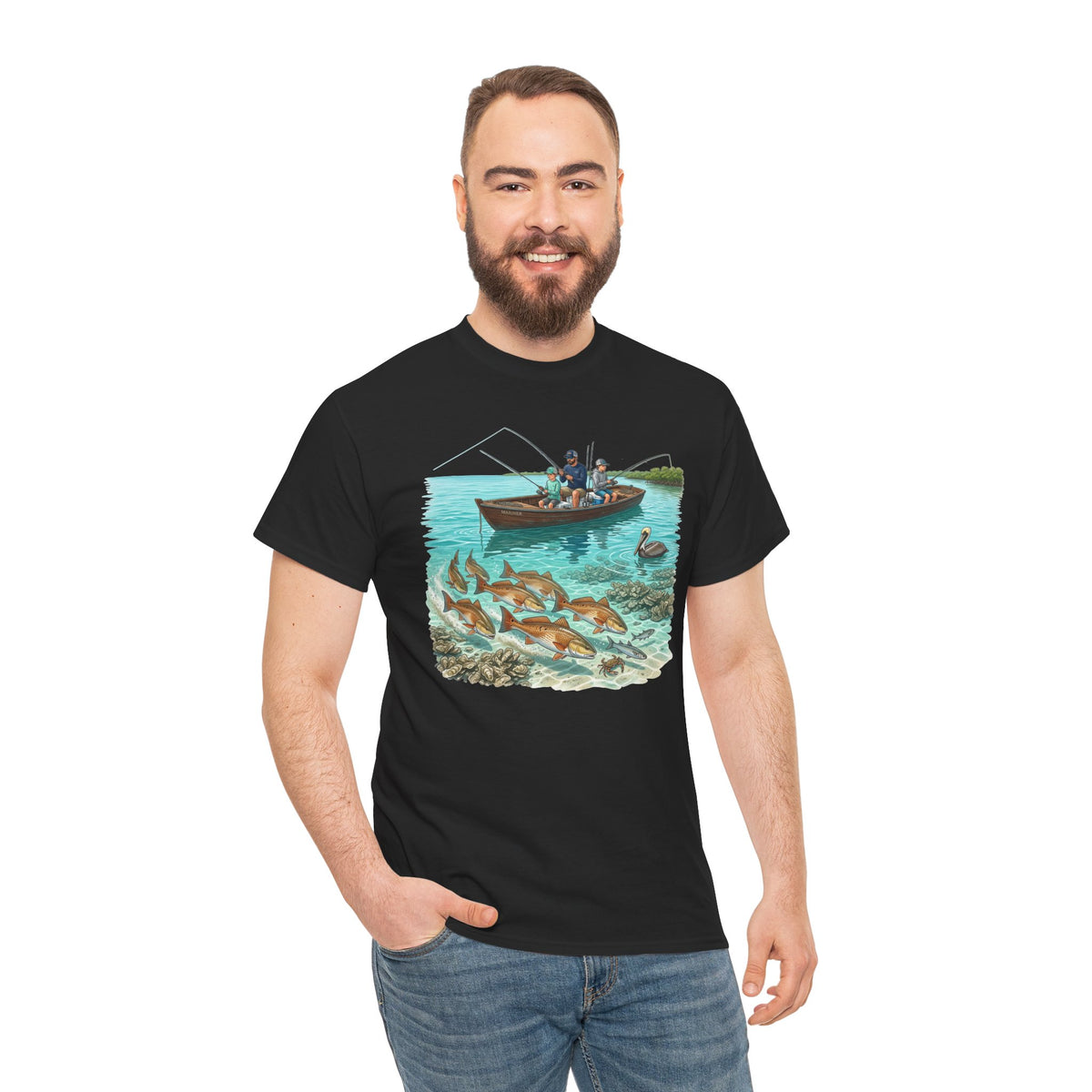 Fishing Boat Scene T‑Shirt — Vintage Underwater Trout Illustration