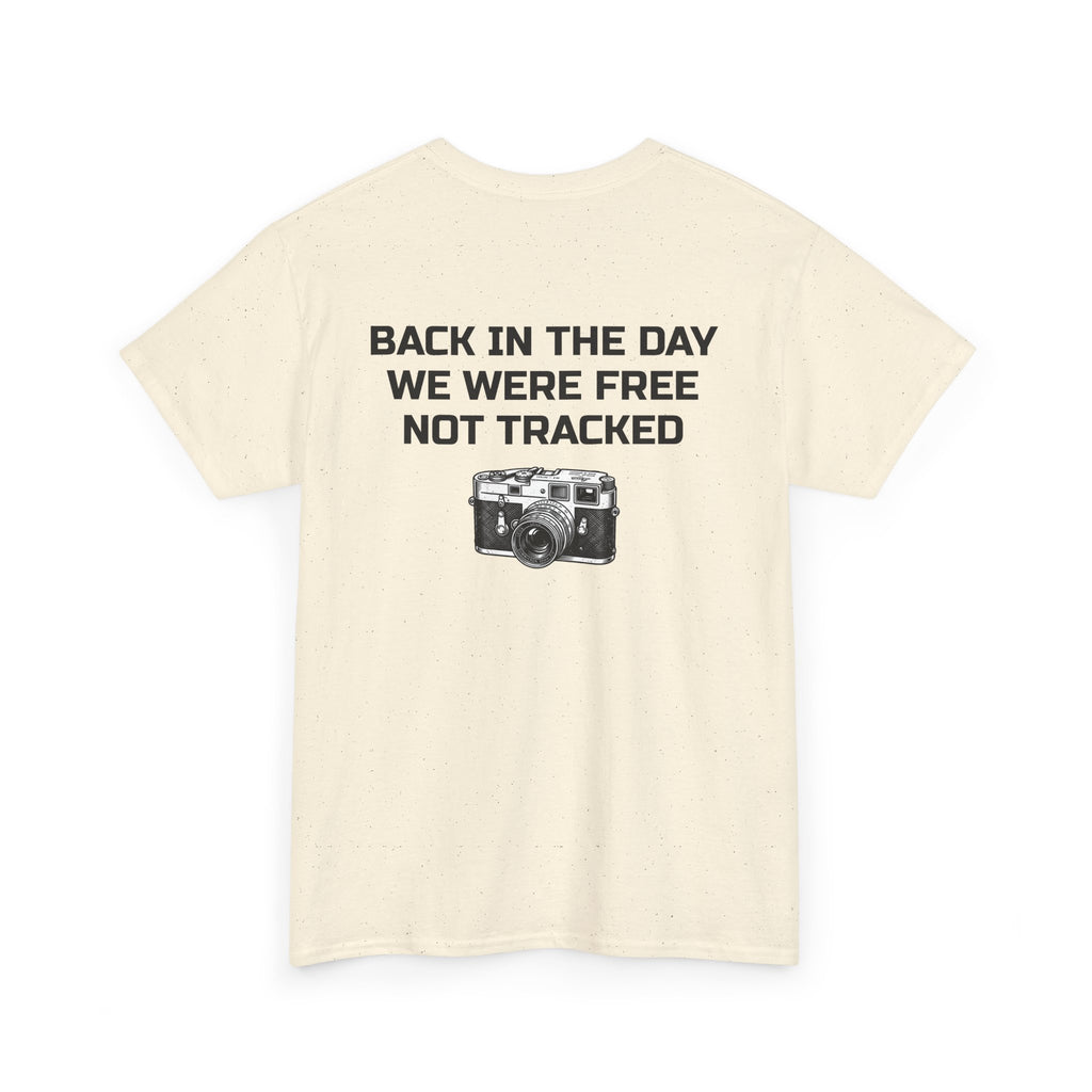 Retro Payphone T‑Shirt — "Back in the Day We Were Free Not Tracked" Vintage Camera Tee