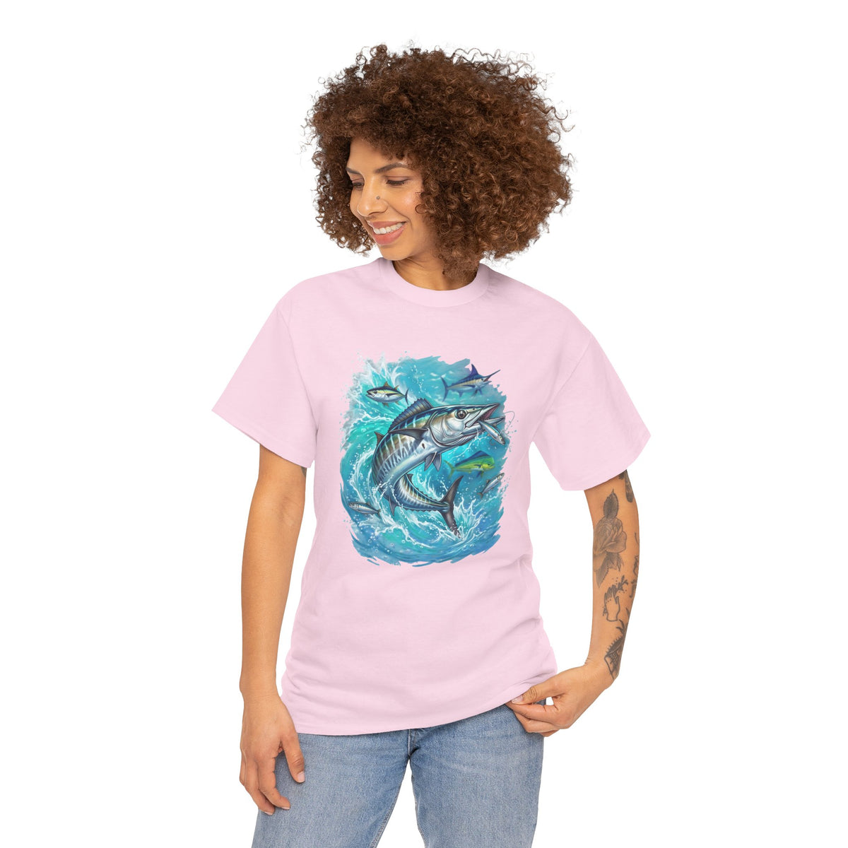 Wahoo Ocean Fishing Tee — Painterly Blue Marlin-Style Graphic