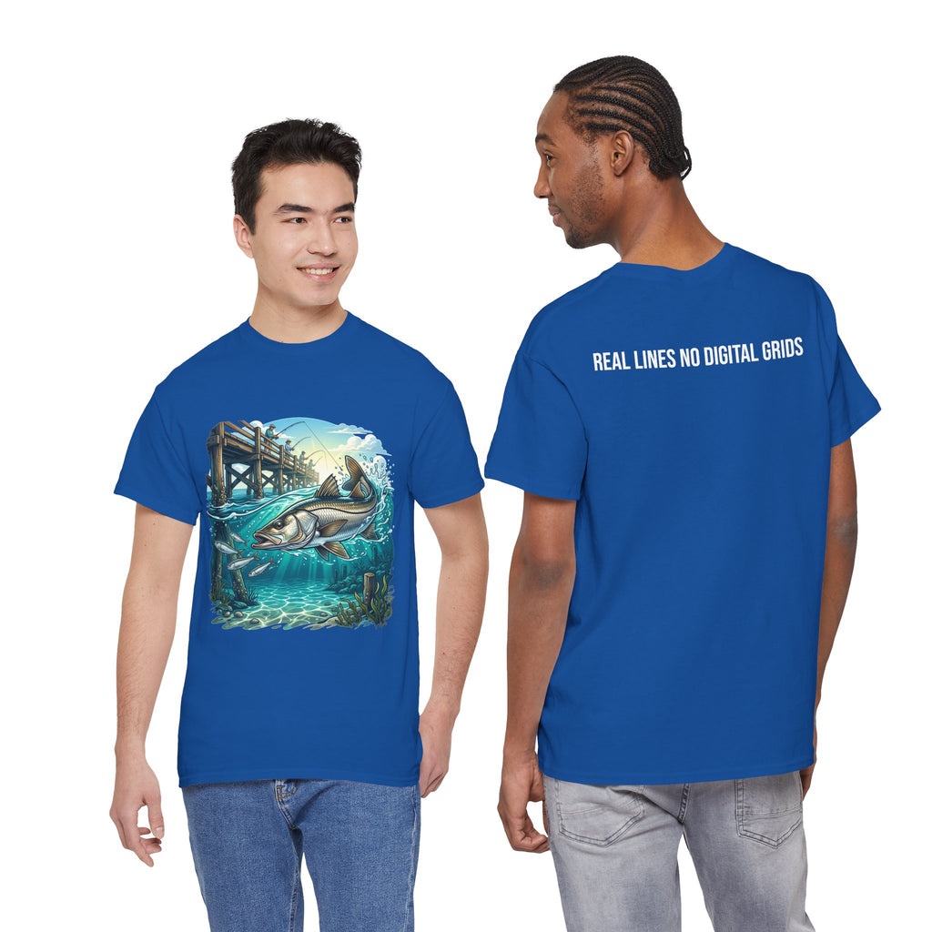 Fishing Tee — 'Real Lines No Digital Grids' Graphic T-Shirt (Salmon & Pier Design)
