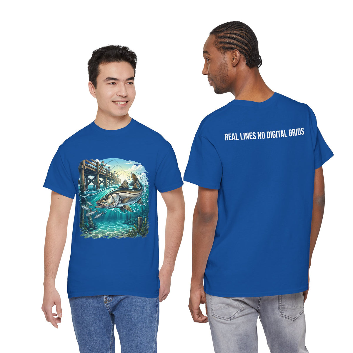 Fishing Tee — 'Real Lines No Digital Grids' Graphic T-Shirt (Salmon & Pier Design)