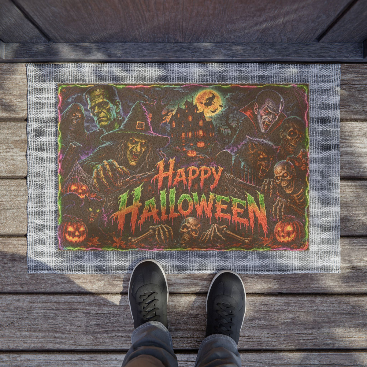 Happy Halloween Doormat — Spooky Haunted House & Monsters Welcome Mat