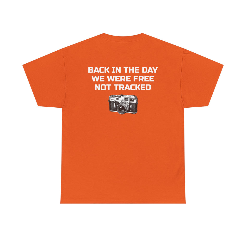 Retro Payphone T‑Shirt — "Back in the Day We Were Free Not Tracked" Vintage Camera Tee