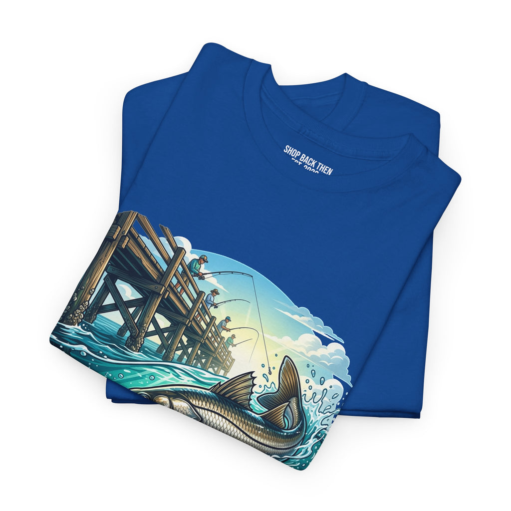 Fishing Tee — 'Real Lines No Digital Grids' Graphic T-Shirt (Salmon & Pier Design)