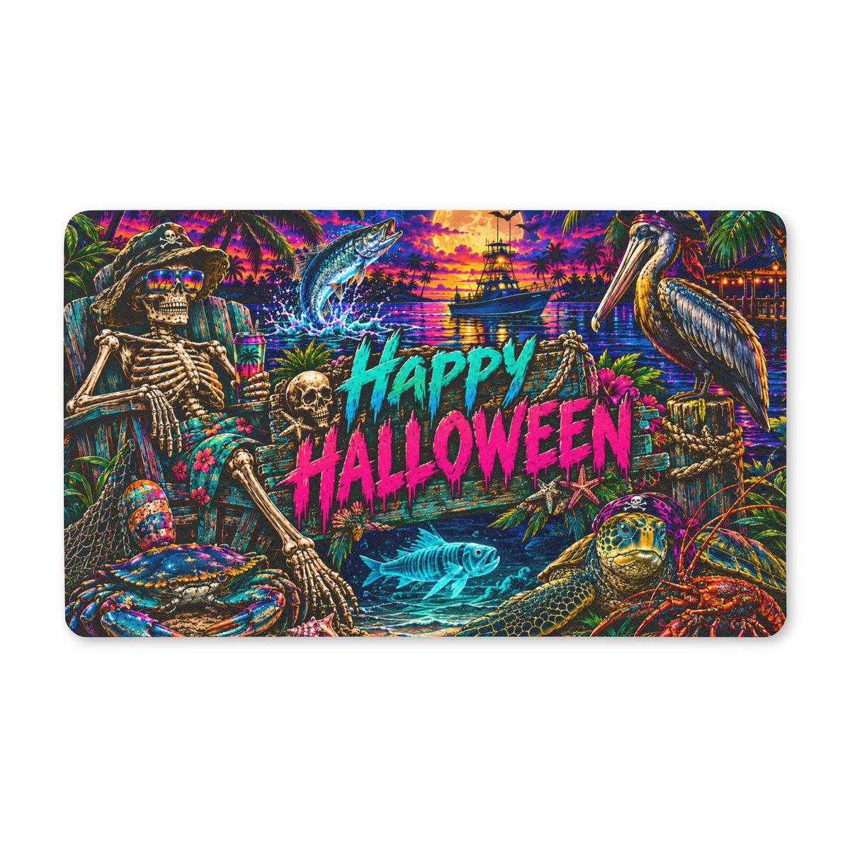 Happy Halloween Polyester Doormat — Neon Tropical Skull & Skeleton Beach Welcome Mat