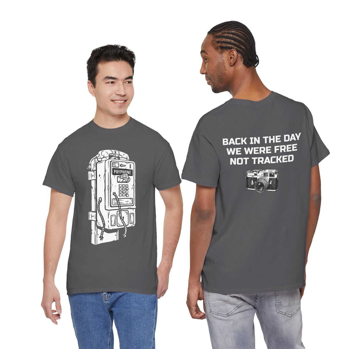 Retro Payphone T‑Shirt — "Back in the Day We Were Free Not Tracked" Vintage Camera Tee