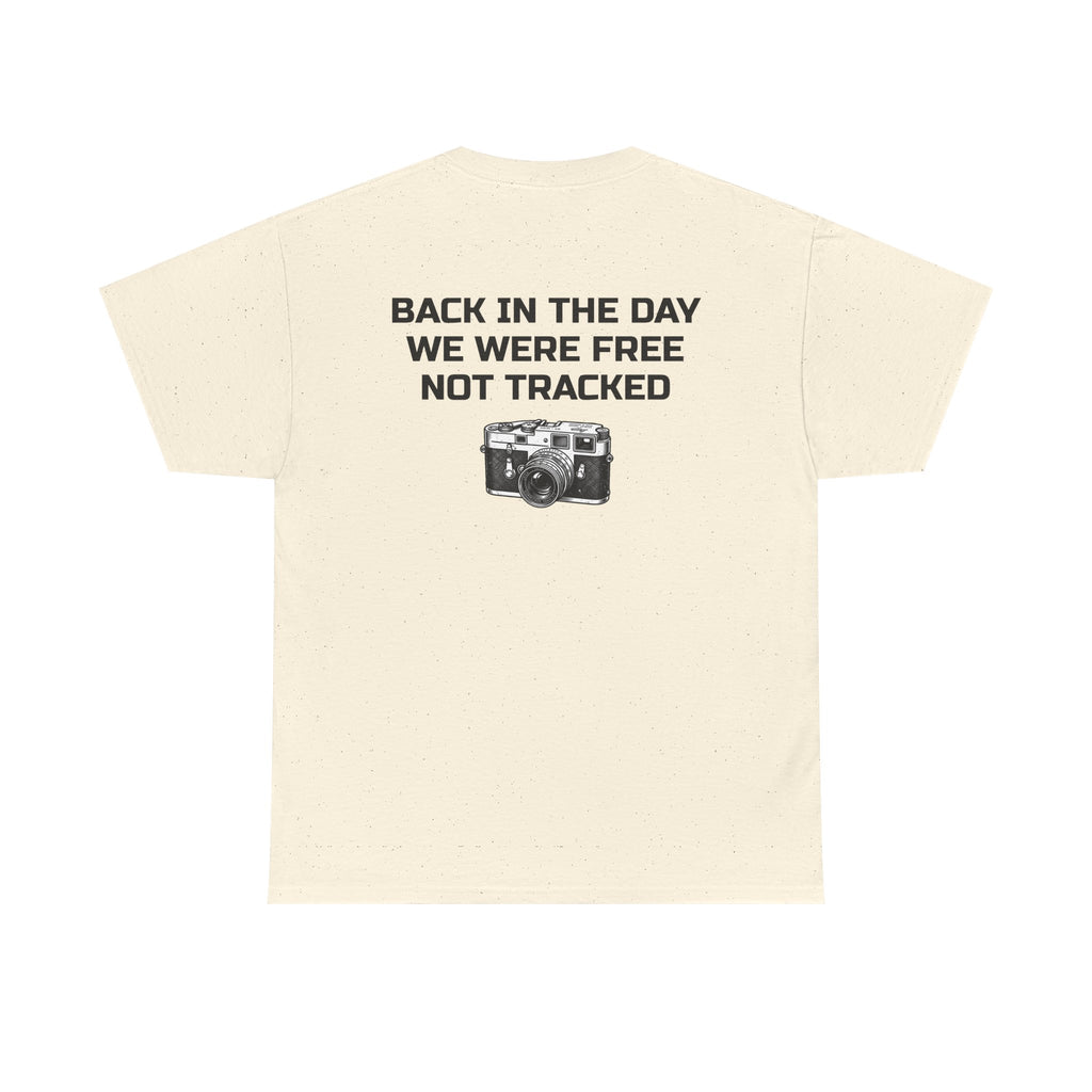 Retro Payphone T‑Shirt — "Back in the Day We Were Free Not Tracked" Vintage Camera Tee