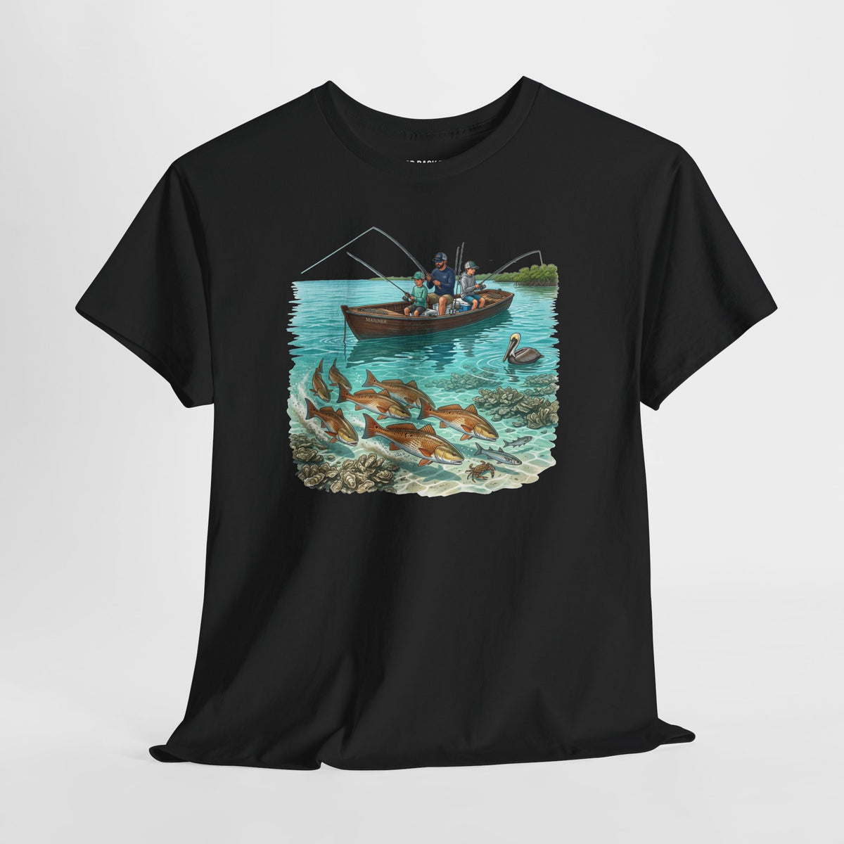 Fishing Boat Scene T‑Shirt — Vintage Underwater Trout Illustration