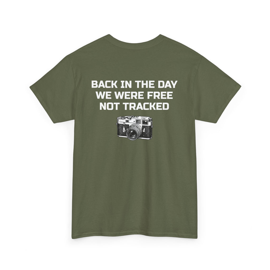 Retro Payphone T‑Shirt — "Back in the Day We Were Free Not Tracked" Vintage Camera Tee