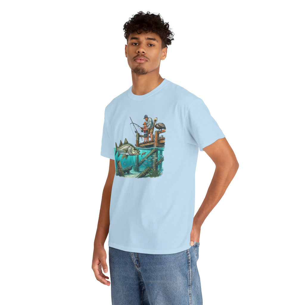 Fishing Dock T‑Shirt — Angler on Pier with Giant Fish Illustration
