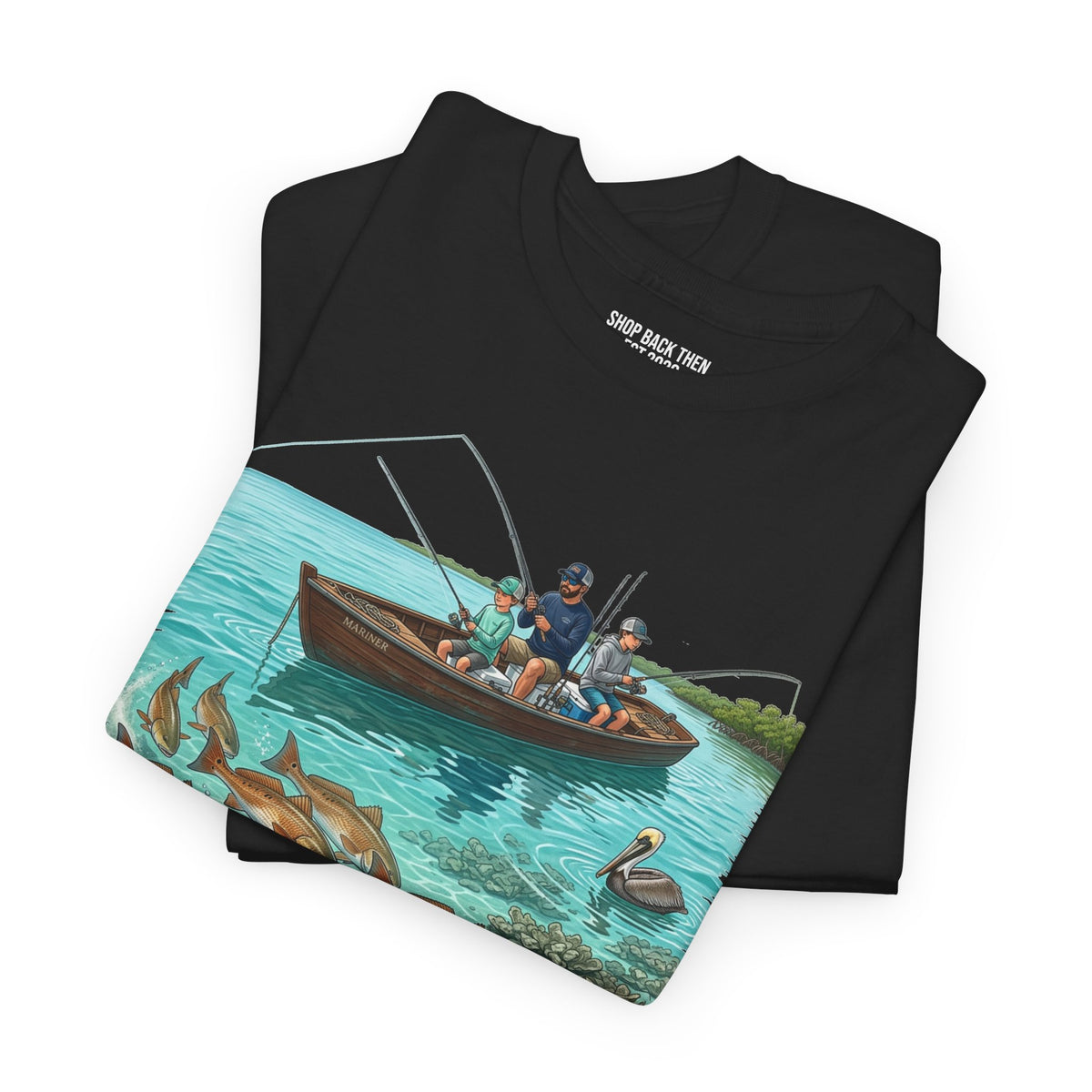 Fishing Boat Scene T‑Shirt — Vintage Underwater Trout Illustration