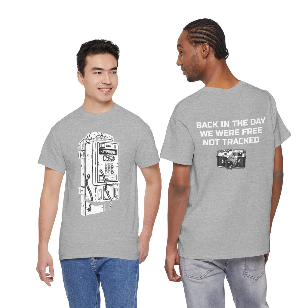 Retro Payphone T‑Shirt — "Back in the Day We Were Free Not Tracked" Vintage Camera Tee