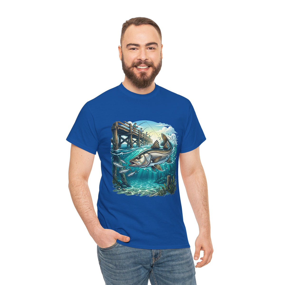 Fishing Tee — 'Real Lines No Digital Grids' Graphic T-Shirt (Salmon & Pier Design)