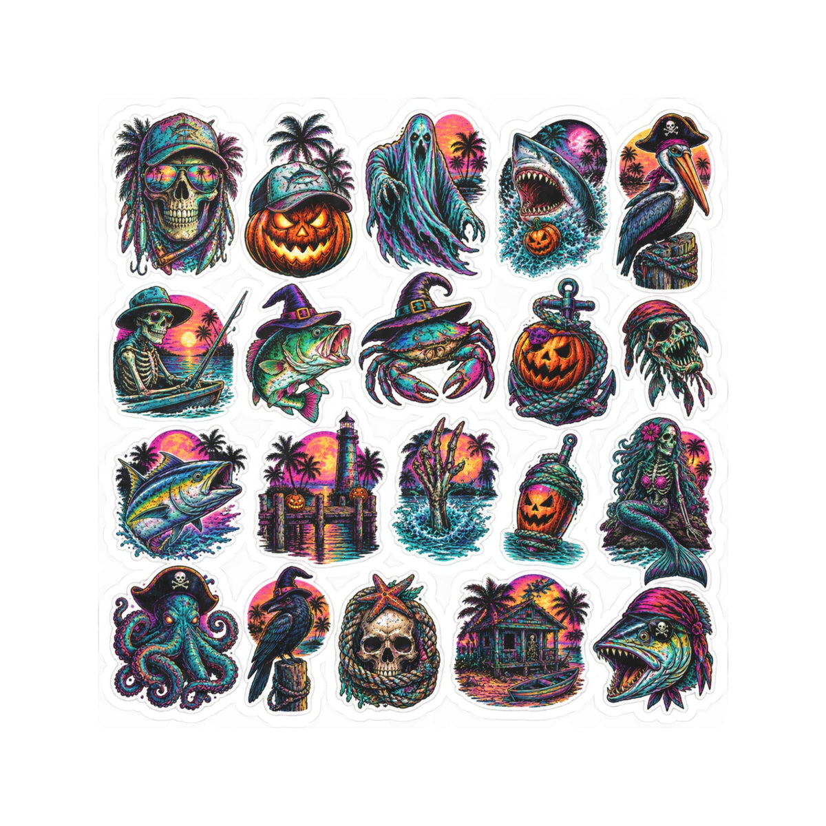 Halloween Tropical Skull & Sea Creature Sticker Sheet — Vinyl Kiss-Cut Stickers