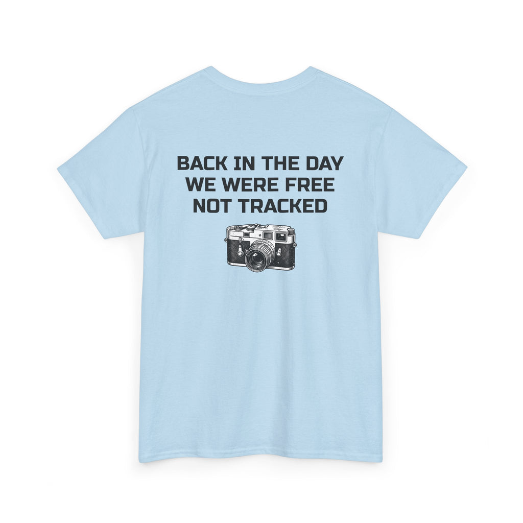 Retro Payphone T‑Shirt — "Back in the Day We Were Free Not Tracked" Vintage Camera Tee