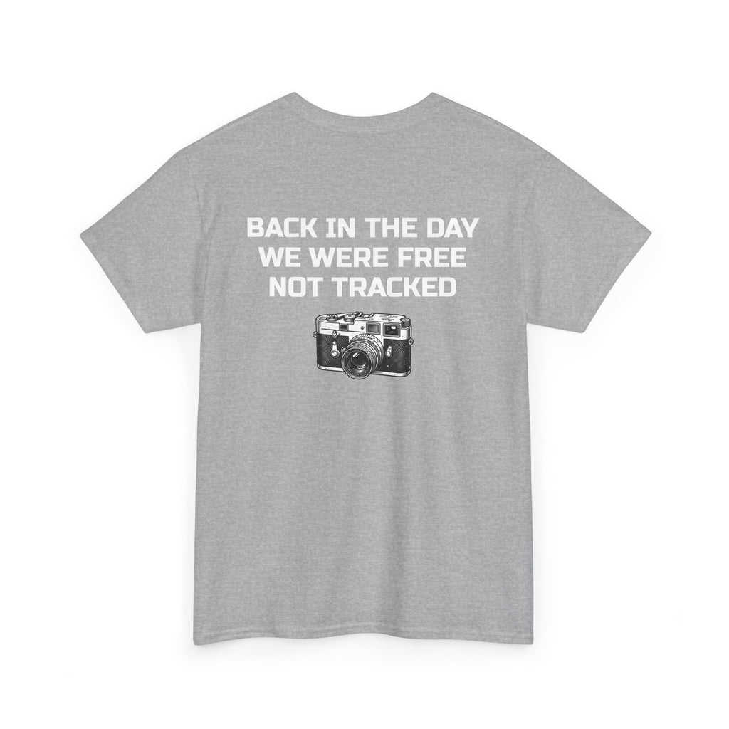 Retro Payphone T‑Shirt — "Back in the Day We Were Free Not Tracked" Vintage Camera Tee