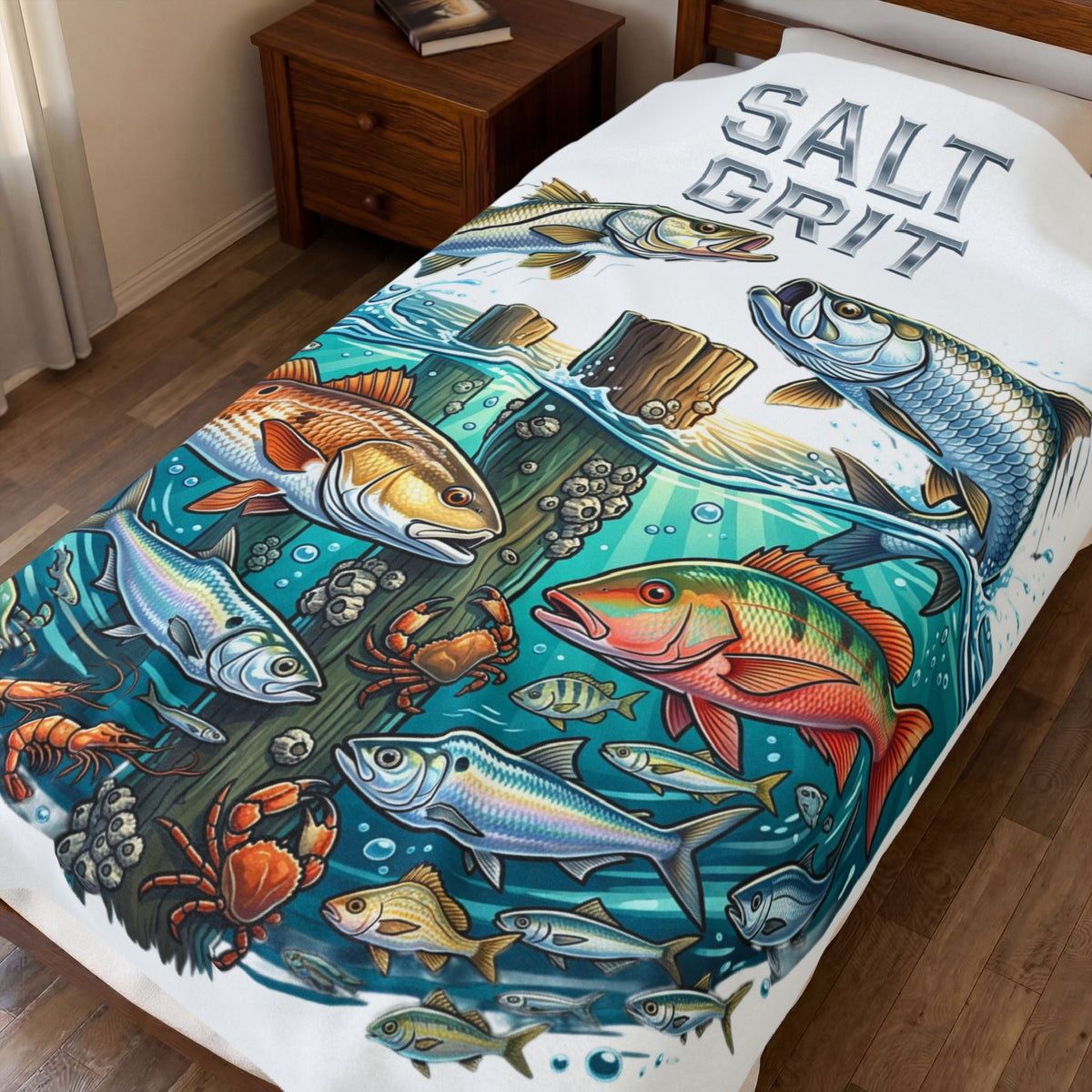 Salt Grit Fishing Plush Blanket - Coastal Fish Art Velveteen Throw