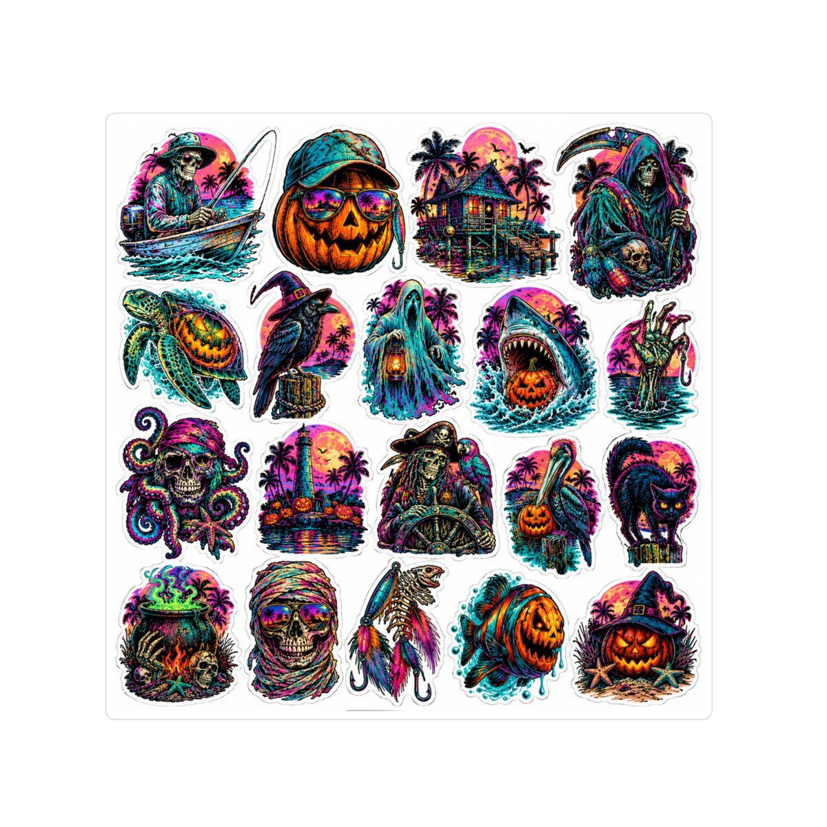 Neon Halloween Vinyl Sticker Sheet — Kiss-Cut Pumpkin, Haunted House & Spooky Icons