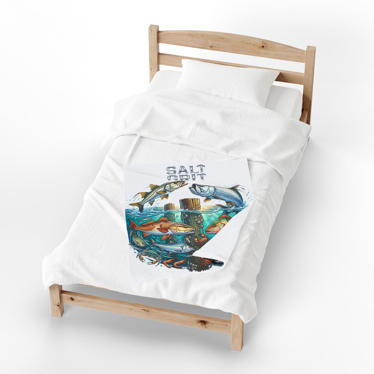 Salt Grit Fishing Plush Blanket - Coastal Fish Art Velveteen Throw