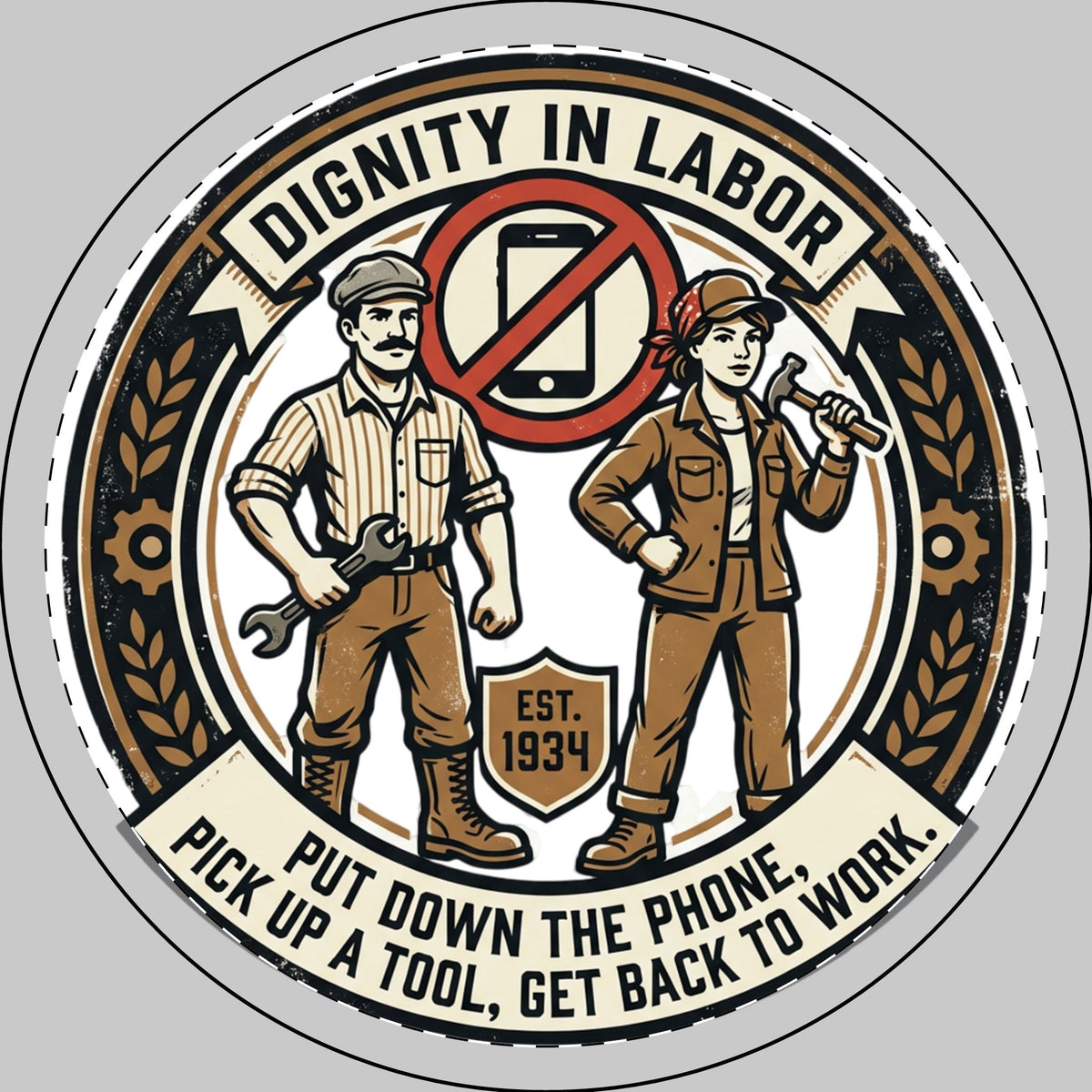 Round Car Magnet — “Dignity in Labor” Vintage Worker Design (Put Down the Phone, Pick Up a Tool)